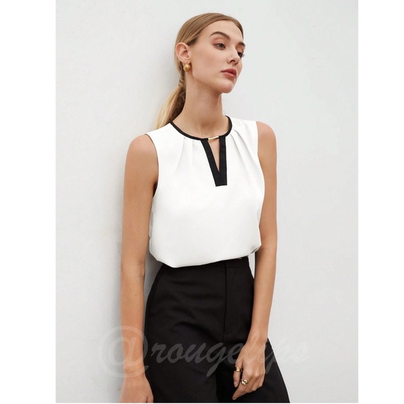 White Sleeveless Blouse Top Black V-Neck Trim Gold Embellishment Detail - Picture 2 of 11